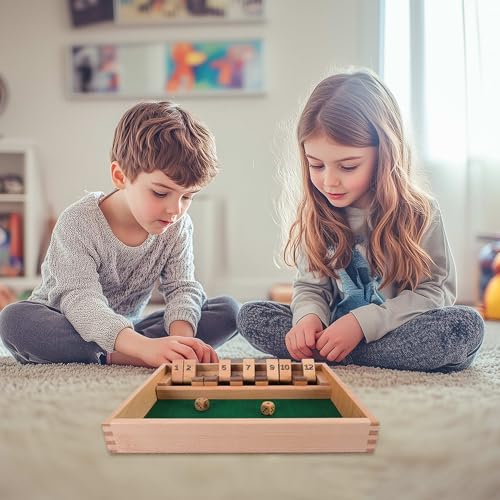 GOTHINK Shut The Box - Table Math Game with 12 Inch Wooden Board for Adults & Kids - 12 Spots Dice Game with 2+ Player Games, Includes 2 Dice, Ideal for Game Night, Travel, Classroom - (Ages 6+) - color: Brown - 12 Spots
