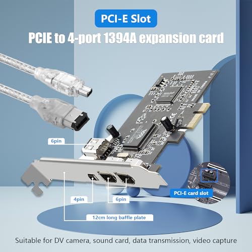 PCIe Firewire 400 Card,IEEE 1394a PCI Express 4 Ports PCIe Card (3 X 6 Pin and 1 X 4 Pin),Firewire 400 Adapter for Windows 7/8/10/11/Mac Os/Xp/2000/2003/ Vista/Dos,Linux(PCIE-IEEE 1394A)