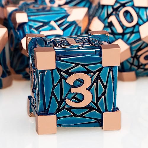 7PCS Metal DND Dice Set with Box, Debris RPG Copper Blue D and D Dice for use with D&D Tabletop Games Role Playing Game Polyhedral Dice Set D20 D12 D10 D8 D6 D4 - color: Chartreuse