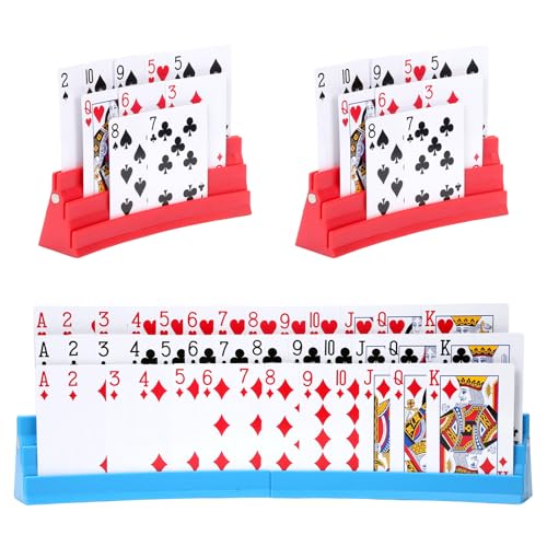 Expandable Plastic Card Holder, Set of 4 - Upgradeable Design for Seniors, Arthritis, Small Hands, UNO, Poker and All Card Games - color: Red+blue(4 Pack)
