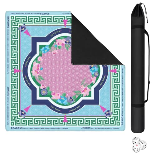 Mahjong Mat with Black Carrying Bag, 31.5"x31.5" Anti-Slip Noise Reduction Gaming Mat for Mahjong, Poker, Board Games, 3 Dice & Black Storage Bag (Dark Blue Lotus, One Size) - color: Dark Blue Lotus