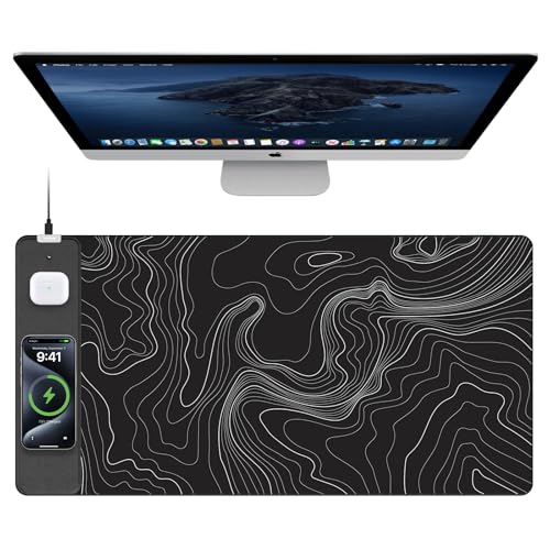 TopMade Mouse Pad with 15W Fast Wireless Charging, 31.5"x15.75" XXL Large Gaming Waterproof Desk Pad with Ultra-Smooth Surface, Non-Slip Base, Computer Desk Mat, Black Topographic Map #2 - color: Black Topographic Map #2