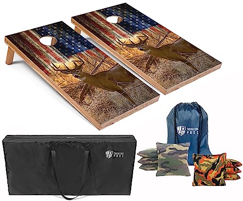 Tailgating Pros American Themed Lightweight Corn Hole Board Set w/Multicolored Built-in LED Lights, Bean Bags and Carrying Case - 4'x2' Cornhole Toss - color: Deer/American Flag