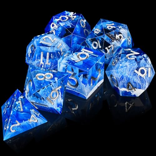 AUSTOR 7-Die DND Dice Set Handmade Sharp Edge Polyhedral Dice for Dungeons and Dragons D&D RPG MTG Table Games（Blue & Wave, Silver） - color: Blue & Wave，silver