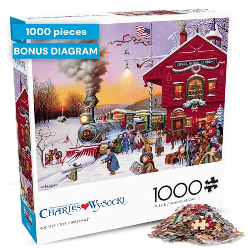 Buffalo Games - Charles Wysocki Whistle Stop - 1000 Piece Puzzle for Adults | Art by Charles Wysocki, Frameable Art, Made in USA, Recycled Board, Includes Poster, Challenging, intermediate to expert - color: Whistle Stop Xmas