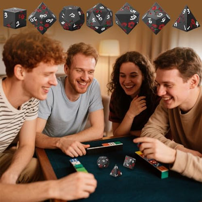Metal Dice Set, Flat Face Red Plum Blossom Pattern, 7pcs Polyhedral Metal DND Dice Set, DND Starter Set, D&D Gifts with Gift Box, Role Playing Board Games Accessories, Black - color: Black With Gift Box