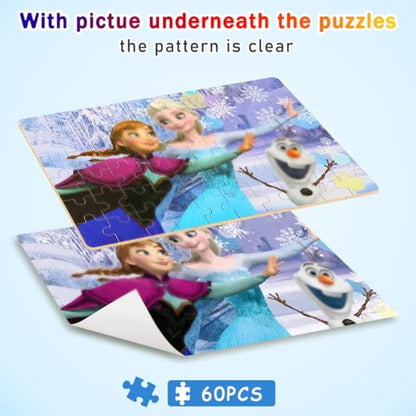 Puzzles for Kids Ages 4-8,Kids Puzzls in a Metal Box,Winter Princess Snowman Small Puzles,Kid Boys Girls Learning Educational Puzzle Packed in Tin Box,60 Pieces - color: Princess60