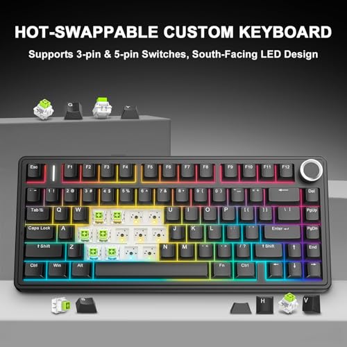 Aula F75 75% Wireless Mechanical Keyboard, Gasket Mount Hot Swappable Gaming Keyboard with Knob, Tri-Mode BT5.0/2.4G/USB-C, Creamy Thocky Sound Pre-lubed Linear Switch, PBT Keycaps for PC Mac - color: Black