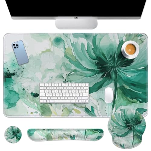 Britimes Colorful Floral Keyboard Mouse Pad Set Flower Green Summer 4in1 Large Mousepad+Keyboard Wrist Rest+Mouse Wrist Rest+Coaster Ergonomic Design for Home Office Computer 35.4x15.7 inches - color: Painting Colorful Floral
