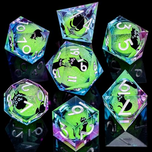 DND Cat Dice Set Green Sharp Edge Dice with Box, RPG D and D Dice Dungeons Dragons Role Playing Game Polyhedral Resin Dice Set D20 D12 D10 D8 D6 D4 - color: Green Purple