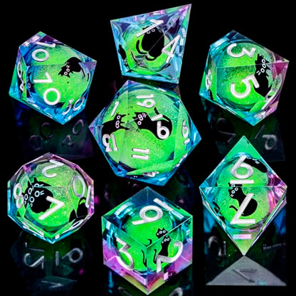 DND Cat Dice Set Green Sharp Edge Dice with Box, RPG D and D Dice Dungeons Dragons Role Playing Game Polyhedral Resin Dice Set D20 D12 D10 D8 D6 D4 - color: Green Purple