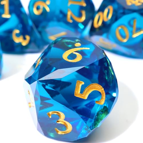 XENOLUX DND Dice Set, Sharp Edge Polyhedral Resin Dice, Deep Blue Diamond Facet Design for Dungeons and Dragons, RPG, Tabletop Games, 7-Die Set with Gold Numbers-Mixed1 - color: Rd-dark Blue