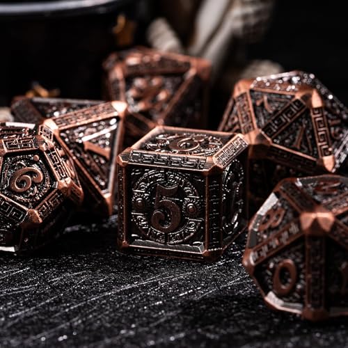 7-Piece Metal Dice Set - Mayan-Themed Zinc Alloy DND Dice for Tabletop Gaming, Gift, and Collecting - color: Mayan-themed-antique Copper