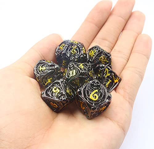 Metal DND Dice Set Skull Dungeons and Dragon Dice Set Hollow Polyhedral Magic 7 PCS Dice Set with Gift Metal Box for Dungeons and Dragons Table Games Play Cards MTG(Skull_Black Plus Gold) - color: Skull_red and White