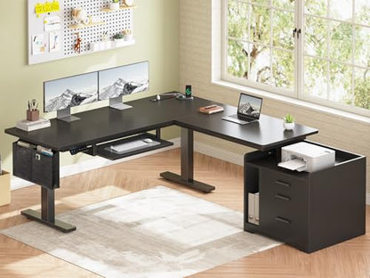 SEDETA L Shaped Standing Desk with File Cabinet, 3 Drawers, Power Outlet | 63 x 53'' Electric Height Adjustable Gaming Computer Desk with Led Lights for Home Office, Gaming Room, Black - color: Black, size: 63 x 53'' L Shaped Standing Desk