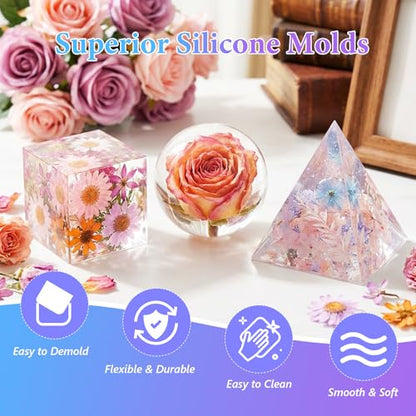 KISREL Resin Molds Kit 12PCS, Epoxy Resin Silicone Molds, Resin Mold Including Cube, Pen Container, Pyramid, Tray, Love, Round, Square, Ball, Flowerpot, Cuboid, Crystal - size: Various Resin Molds - 12pcs