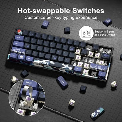 XVX 60% Gaming Keyboard, RGB 3-Modes Wireless Mechanical Keyboard, Mini 60 Percent Gamer Keyboard with Hot-Swappable Pre-lubed Linear Switch for Windows & Mac (Great Wave Off Kanagawa), M61 Pro - color: Black Kanagawa
