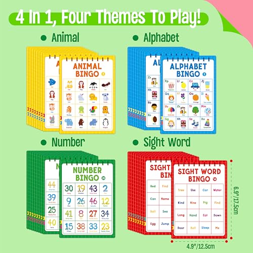 Family Bingo Game, Alphabet, Animal, Sight Word & Number Bingo Board Game, Counting and Matching Skills Classic Educational Game for Kindergarten and Preschool Kids, Perfect for Home and Classroom - style: Alphabet, Animal, Sight Word & Number