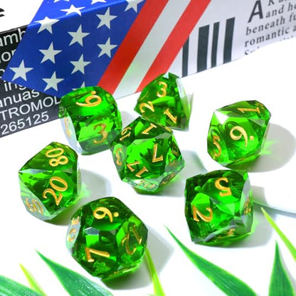 XENOLUX DND Dice Set, Sharp Edge Resin Geometric Diamond Cut Gemstone Shape with Translucent Emerald Green for Tabletop RPG Games - RD Green - color: Rd-green