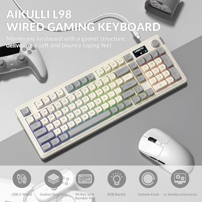 L98 Gaming Keyboard Wired, Cute Creamy Keyboard with Number Pad, Media Knob RGB Backlit, Quiet Office Computer Keyboards for PC Mac Laptop (Creamy Gray - Wired)