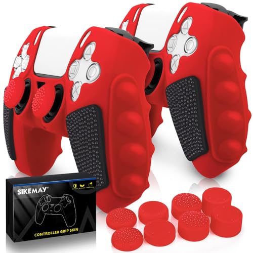 SIKEMAY Anti-Slip PS5 Controller Skin, Soft Thicken Non-Slip Studded Silicone Gel Grip Protective Cover Case for PlayStation 5 Controller Grip, 2 Pack with 8 x Thumb Grip Caps - color: Red-Black