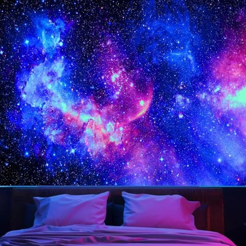 Apdidl Black Light Galaxy Wall Tapestry for Bedroom, Space Stars UV Posters | Extra Large BlackLight Starry Glow in The Dark Poster Backdrop,Sky Neon Ceiling Tapestries for Living Room Home Decor 90"X71" - color: UV Blacklight Galaxy, size: 90"L x 71"W