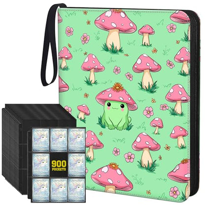 Cute Frog & Mushroom 9-Pocket Trading Card Binder Album, 900 Card Zipper Binder with 50 Removable Sleeves, Refillable 3-Ring Card Book for MTG, TCG and Sports Cards, Fits 2.5" x 3.5" Cards - color: Frog & Mushroom