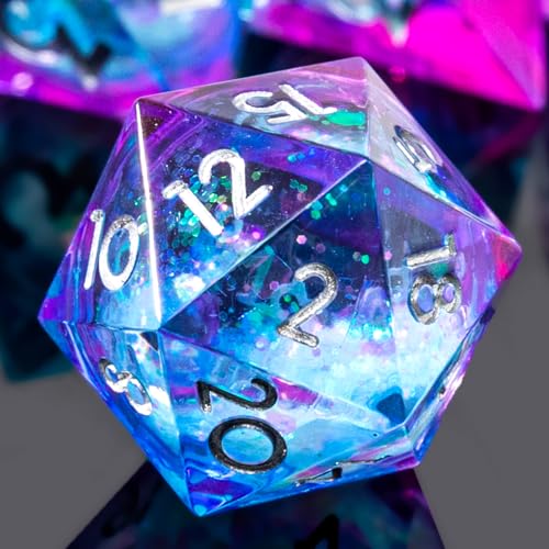 Single Liquid Core D20 Dice - 22mm, 20 Sided D&D Dice for Dungeons and Dragons, RPG, Roleplaying Games MTG Table Games, Handmade Polyhedral Dice with Resin Sharp Edge - color: D20-liquid Ocean Blue Purple