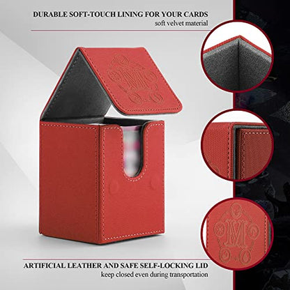 Card Deck Box for MTG Card Storage Box Holds 100 Plus Single Sleeved Cards, Microfiber Lining and Leather Card Box Compatible with Trading Card Games TCG, Yugioh Cards, etc. (Red) - color: Red