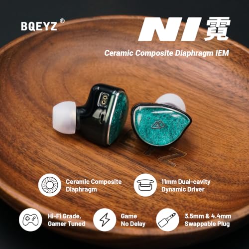 BQEYZ NI Wired in Ear Monitor, Gaming Earbuds with 3.5 & 4.4mm Plugs | HiFi 11mm Dynamic IEM Headphones with 0.1% Ultra-Low Distortion, 360° Surround Deep Bass for PS5 PC Smartphone - color: 3.5 & 4.4mm Interchangeable Plug Green