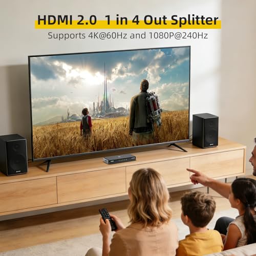 4K HDMI Splitter 1 in 4 Out (Mirror Only) – HDMI 2.0 4K@60Hz, 1080p@240Hz | Auto Downscaling, EDID, 18Gbps, HDCP 2.2, Smart Power Detection, Duplicate 1 Source to 4 Displays for TV, Monitor, Projector