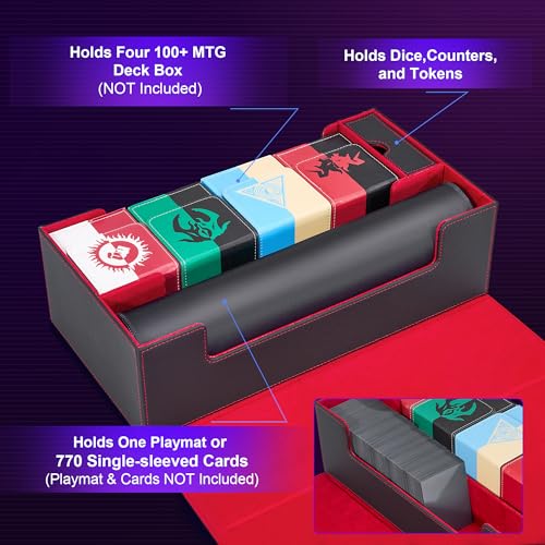 Trading Card Storage Box Holds 4 MTG Deck Boxes | Card deck case with dice compartment and playmat slot, compatible with Magic, TCG and CCG cards, Black & Grey - color: 5. Card Box Black & Grey, size: 4 Deck Card Box