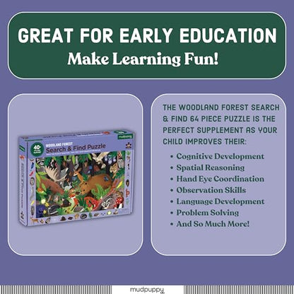 Mudpuppy Woodland Forest — 64 Piece Search & Find Puzzle Jigsaw Puzzle Featuring Diverse Woodland Animals and Over 40 Hidden Images to Find for Ages 4+ - color: Woodland Forest