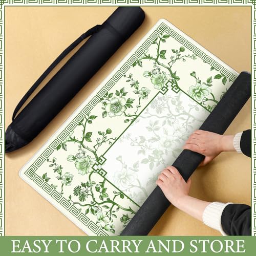 Chinoiserie Mahjong Mat with 1 Carrying Bag 31.5" x 31.5" Green and White Rubber Anti Slip and Noise Reduction Multi Purpose Game Table Cover for Mahjong, Card, Board Tile Games - color: Green