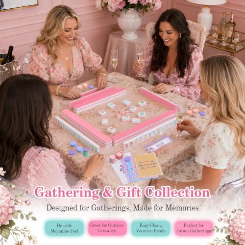 Pink American Mahjong Set, 168 Melamine Tiles | Includes 168 Mahjong tiles with 12 jokers and a gift box. Portable for game nights, weekly clubs and gifting. - color: Pink