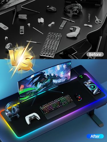 Wireless Charging Mouse Pad, 31.5"x11.81" XL Gaming Mousepad with 11 RGB Colors & 5 Lighting Modes, Home Office Large Desk Pad, Ultra-Smooth Surface, Non-Slip, Waterproof Keyboard Pad Black Desk Mat - color: 31.5x11.81"-Black Right Upgraded