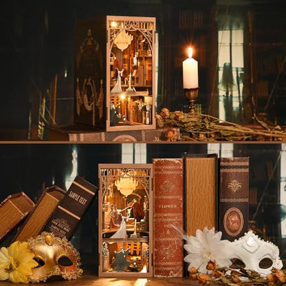 MiniCity Phantom of the Opera DIY Book Nook Kit, Bookshelf Insert with LED | 7.1 x 4.3 x 9.1 in; 186 pieces, LED and dust cover; glue/tools and guide included; 6-8 hr DIY build for display, ages 14+. - style: Phantom of The Opera