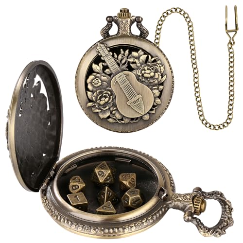 Mini DND Dice Set Steampunk Hollow Bard Pocket Watch Shell Case, 7pcs Tiny Polyhedral Metal D&D Dice Set, DND Gifts with Gift Box, Role Playing Board Games Accessories, Bronze - color: Bard