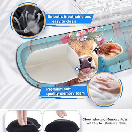 Large Gaming Mouse Pad+ Keyboard Wrist Rest Set, Ergonomics Memory Foam Mouse Mat Wrist Rest Support for Home Office, Waterproof Extended Mousepad 31.5x11.8in, Cute Cow Desk Pad - color: Yvb-mousepad-9-f-157