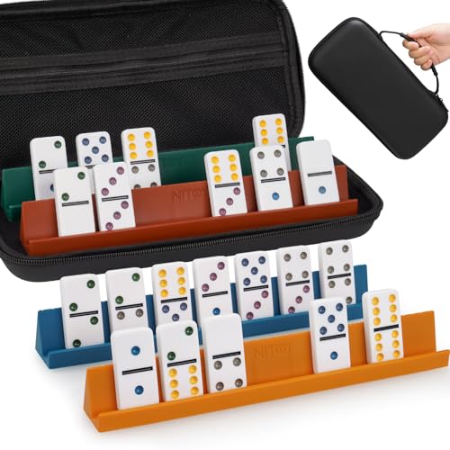 Double 6 Dominoes Set for Adults, 28 Tiles, Board Game, Case | Anti-Slip 4 Silicone Holders Fit Various Domino Sizes, Portable Case, Travel Ready Gift For Friends, Family Game Nights - size: Large