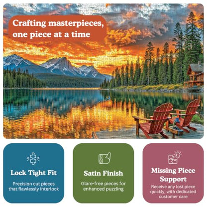 Cross & Glory | 1000 Piece Jigsaw Puzzles for Adults | Dockside Reflections | Tranquil Sunset Lake Scene | 2mm Thick Pieces | Bonus Reference Poster | Satin Finish | Ages 14+ - color: Dockside Reflections