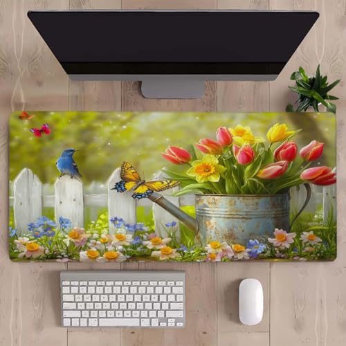 Tulip Bluebird Butterfly Gaming Mouse Pad, with Stitched Edges, Rubber Base Keyboard and Mouse pad Desk Mat Non-Slip Waterproof Protector Writing Pad for Work Game Office Home 15.7x35.4in - color: B 006, size: X-Large