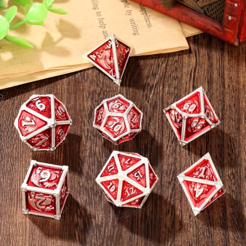Metal Dice Set, Fly Dragon Pattern, 7pcs Polyhedral Metal DND Dice Set, DND Starter Set, D&D Gifts with Gift Box, Role Playing Board Games Accessories, Red ﻿ - color: Red