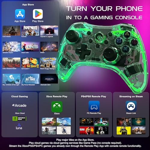 Joso RGB Wireless Mobile Gaming Controller for iPhone, Android, iPad, Tablet, PC, Phone Controller with Phone Clip Supports Cloud Game, COD, Genshin Immpact, Remote Player Gamepad with 2 Back Buttons - color: Transparent RGB