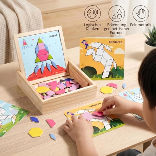 Magnetic Pattern Blocks Wooden Geometric Shape Puzzle Toy for Kids Toddlers Age 3-8 Montessori STEM Learning Educational Game 75Pcs Tangram with Storage Box Travel Gift Classroom Whiteboard