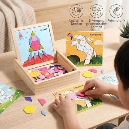 Magnetic Pattern Blocks Wooden Geometric Shape Puzzle Toy for Kids Toddlers Age 3-8 Montessori STEM Learning Educational Game 75Pcs Tangram with Storage Box Travel Gift Classroom Whiteboard