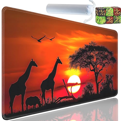 Playmat for MTG, 24x14 Inches Playmats, for TCG and CCG Trading Card Game Mat, Non-Slip Rubber for MTG Playmats with A Storage Bag and 6 Dice Set, Giraffe at Sunset Pattern - color: Yu-Playmat-1-E134