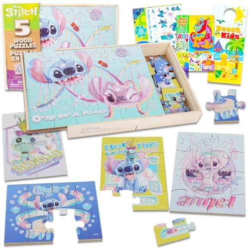 Stitch Wooden Jigsaw Puzzle 5 Pack - Stitch and Angel Wood Puzzles Bundle with Holding Tray, Tattoos, Activity Book, More | Disney Toys for Kids