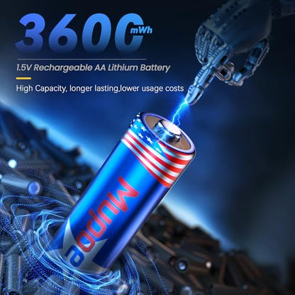 Mupoer Rechargeable AA Batteries with Box,3600mWh Lithium Batteries AA 1.5V 4 Count,Double A Battery Rechargeable,Long Lasting Lithium ion with Ultra Thin Charging Storage Box for Blink Xbox - size: Portable Charger +4AA3600mWh