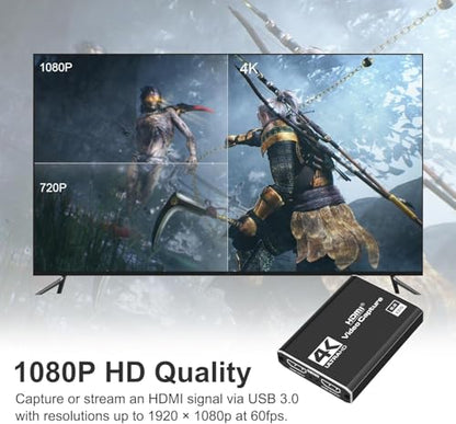 Capture Card 4K Video HDMI to USB 3.0 | for Video Streaming 1080P 60FPS Device Work for PS5/PS4/Switch 2/Xbox/PC/Camera/OBS, Game Screen Recorder Streaming Equipment